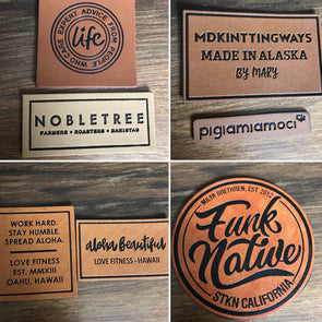 Faux leather labels with black ink deboss
